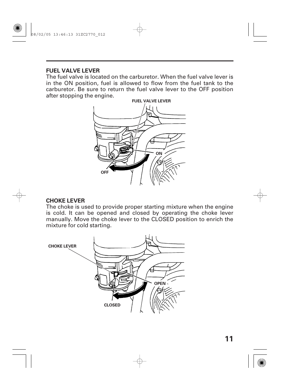 Fuel valve lever, Choke lever | HONDA EG5000X User Manual | Page 13 / 51