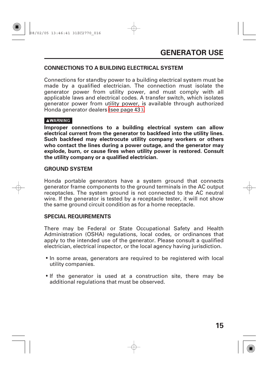 Generator use, Connections to a building electrical system, Ground system | Special requirements, 15 generator use | HONDA EG5000X User Manual | Page 17 / 51