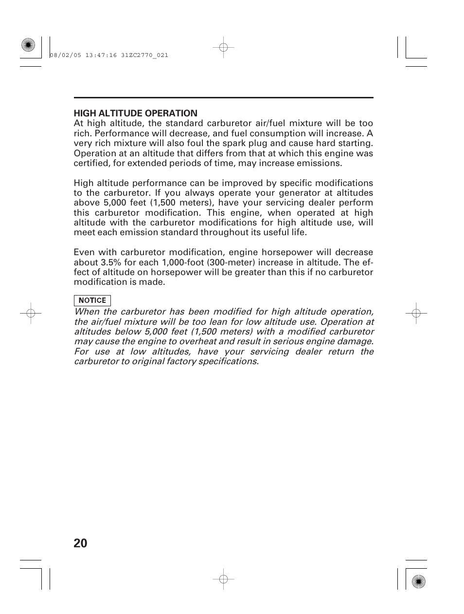 High altitude operation | HONDA EG5000X User Manual | Page 22 / 51