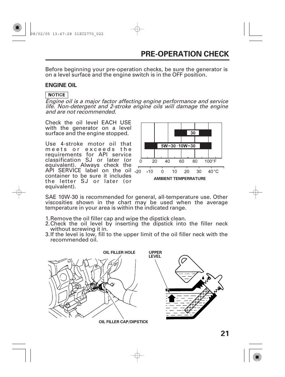 Pre-operation check, Engine oil, 21 pre-operation check | HONDA EG5000X User Manual | Page 23 / 51