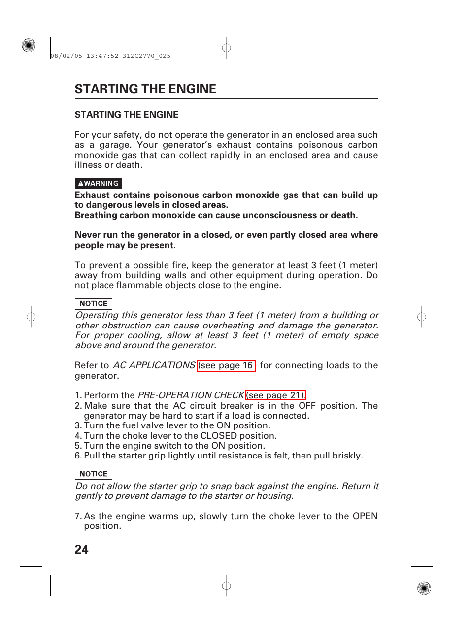 Starting the engine, 24 starting the engine | HONDA EG5000X User Manual | Page 26 / 51