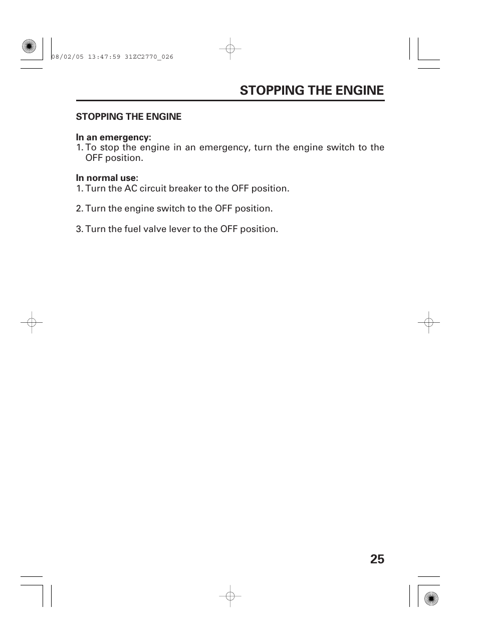 Stopping the engine, Maintenance, 25 stopping the engine | HONDA EG5000X User Manual | Page 27 / 51