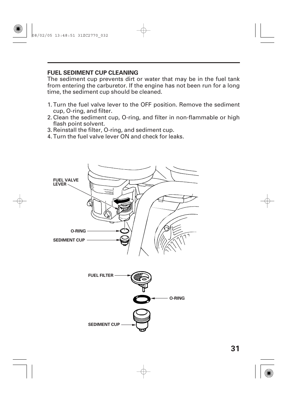 Fuel sediment cup cleaning | HONDA EG5000X User Manual | Page 33 / 51