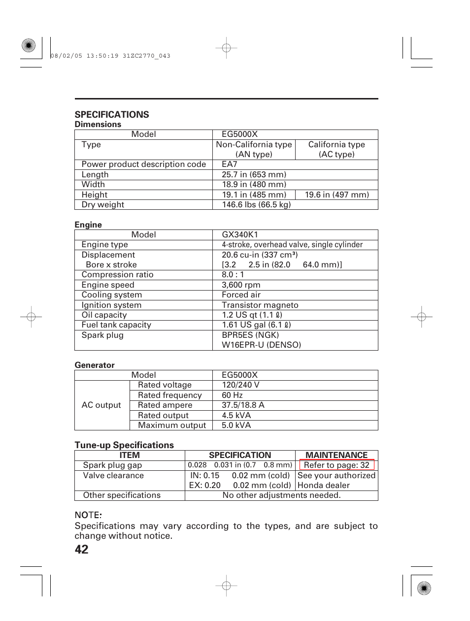 Specifications | HONDA EG5000X User Manual | Page 44 / 51