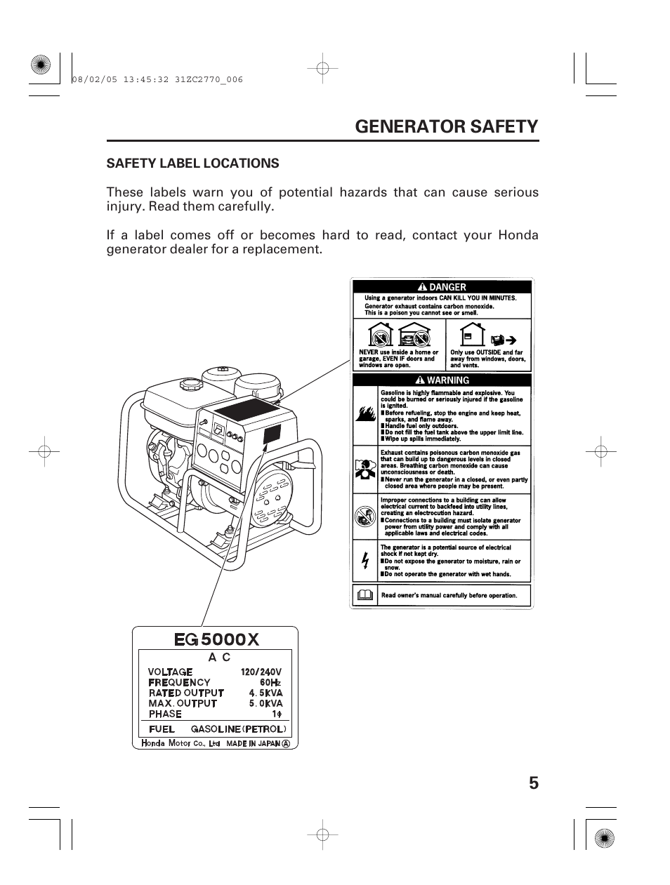 Generator safety, Safety label locations, 5generator safety | HONDA EG5000X User Manual | Page 7 / 51