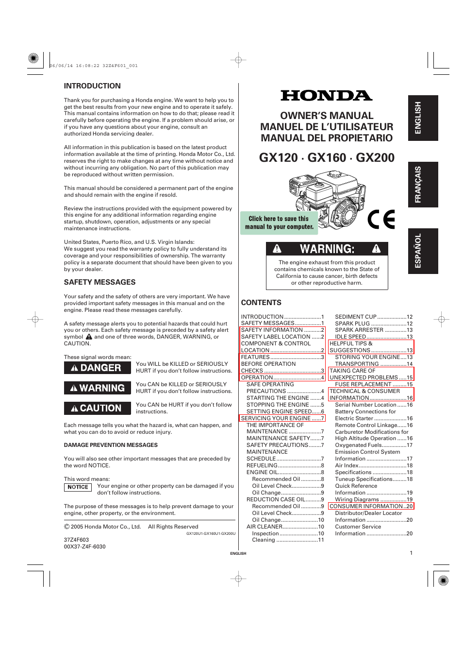 HONDA GX200 User Manual | 60 pages