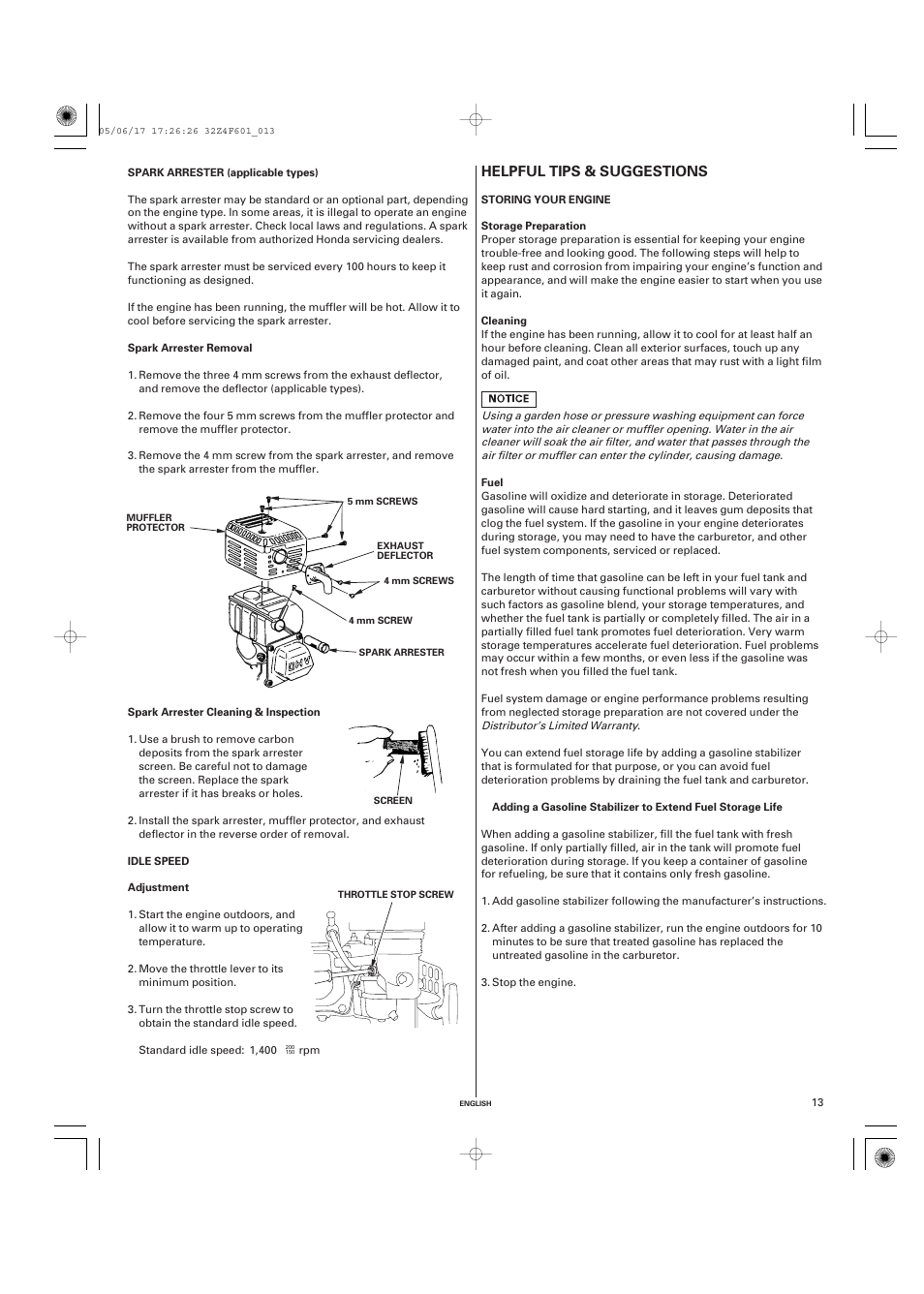 Spark arrester (applicable types), Removal, Cleaning & inspection | Idle speed, Adjustment, Helpful tips & suggestions, Storing your engine, Storage preparation, Cleaning, Fuel | HONDA GX200 User Manual | Page 13 / 60