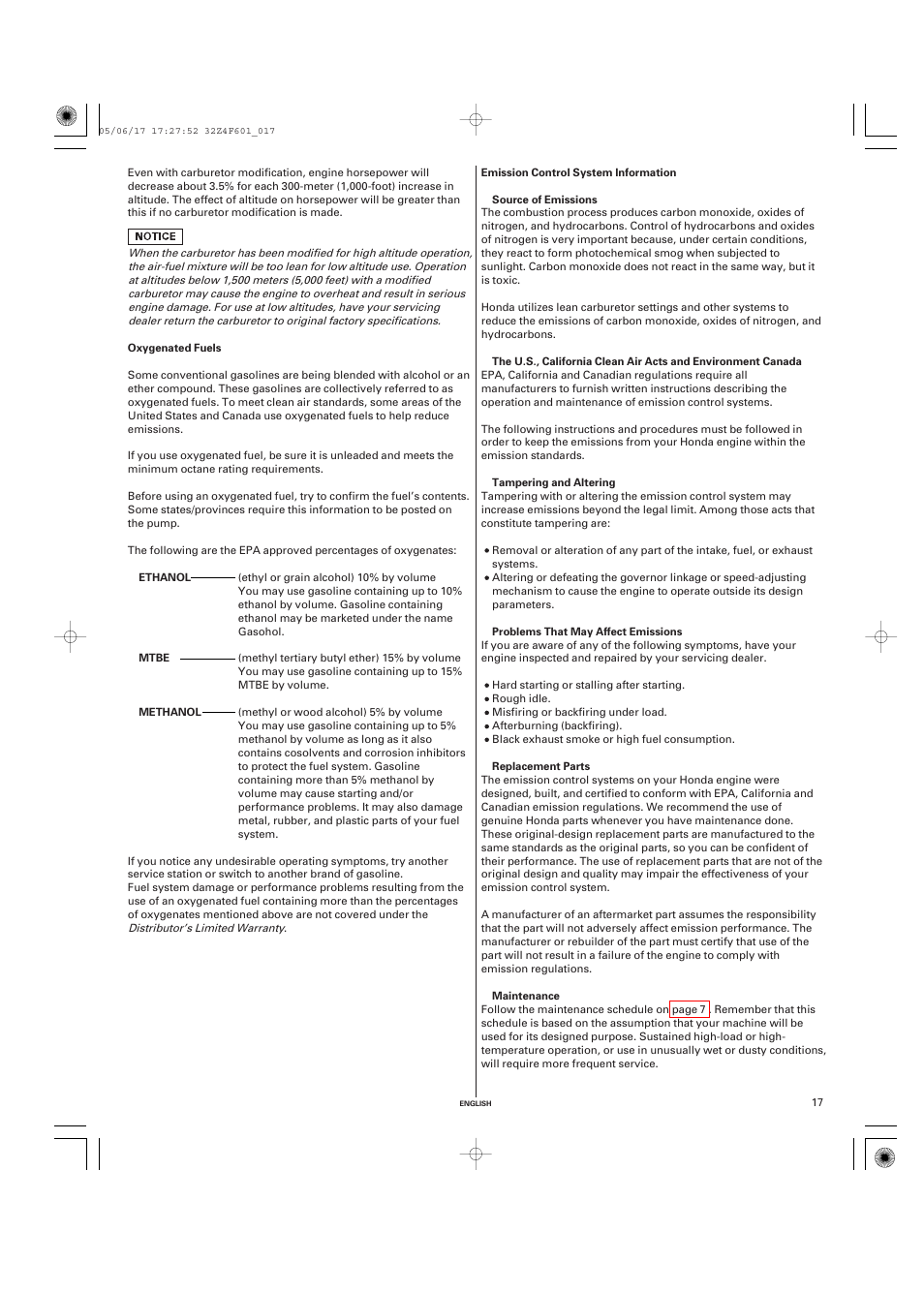 Oxygenated fuels, Emission control system information | HONDA GX200 User Manual | Page 17 / 60
