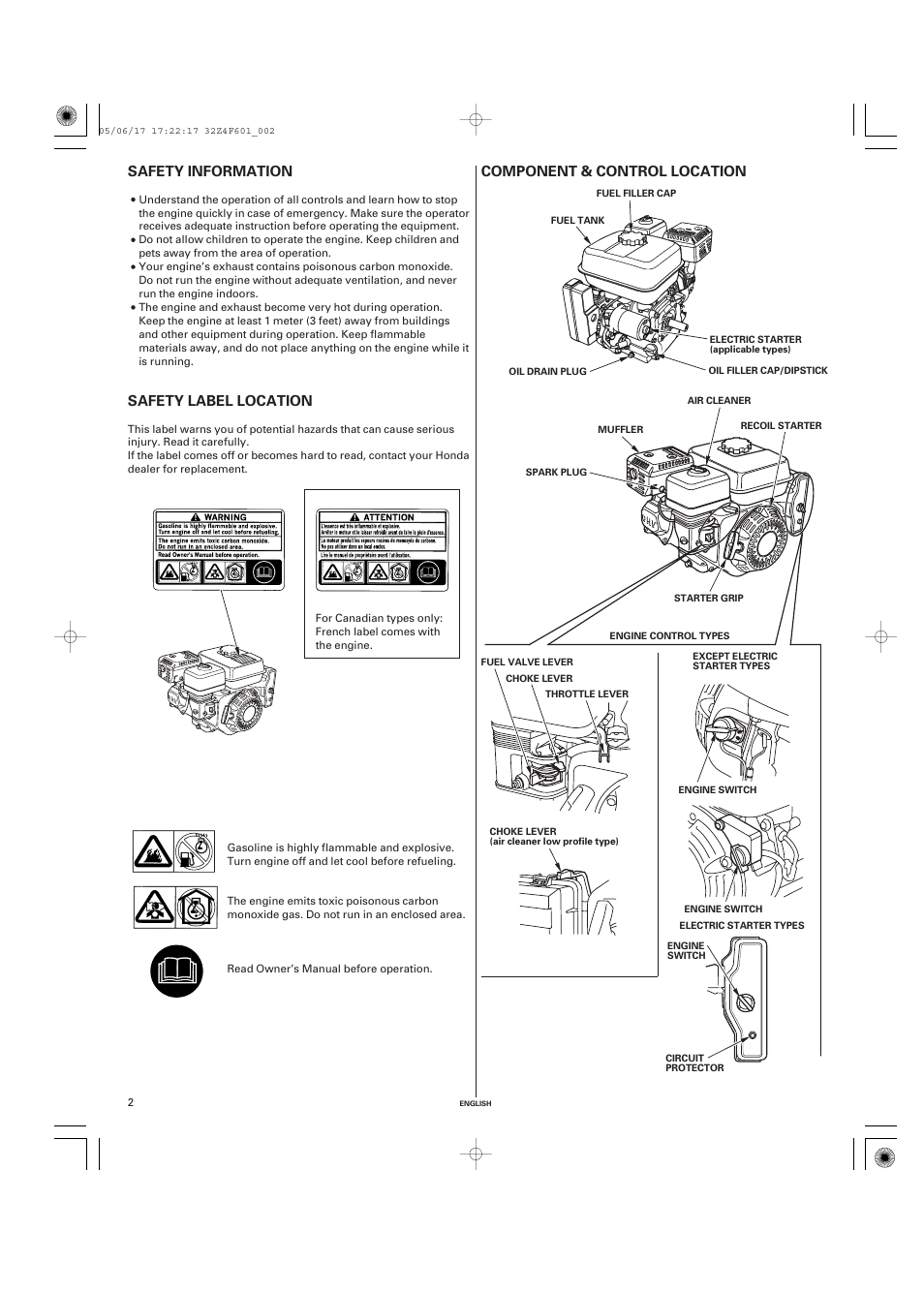 Safety information, Safety label location, Component & control location | Component & control, Location | HONDA GX200 User Manual | Page 2 / 60