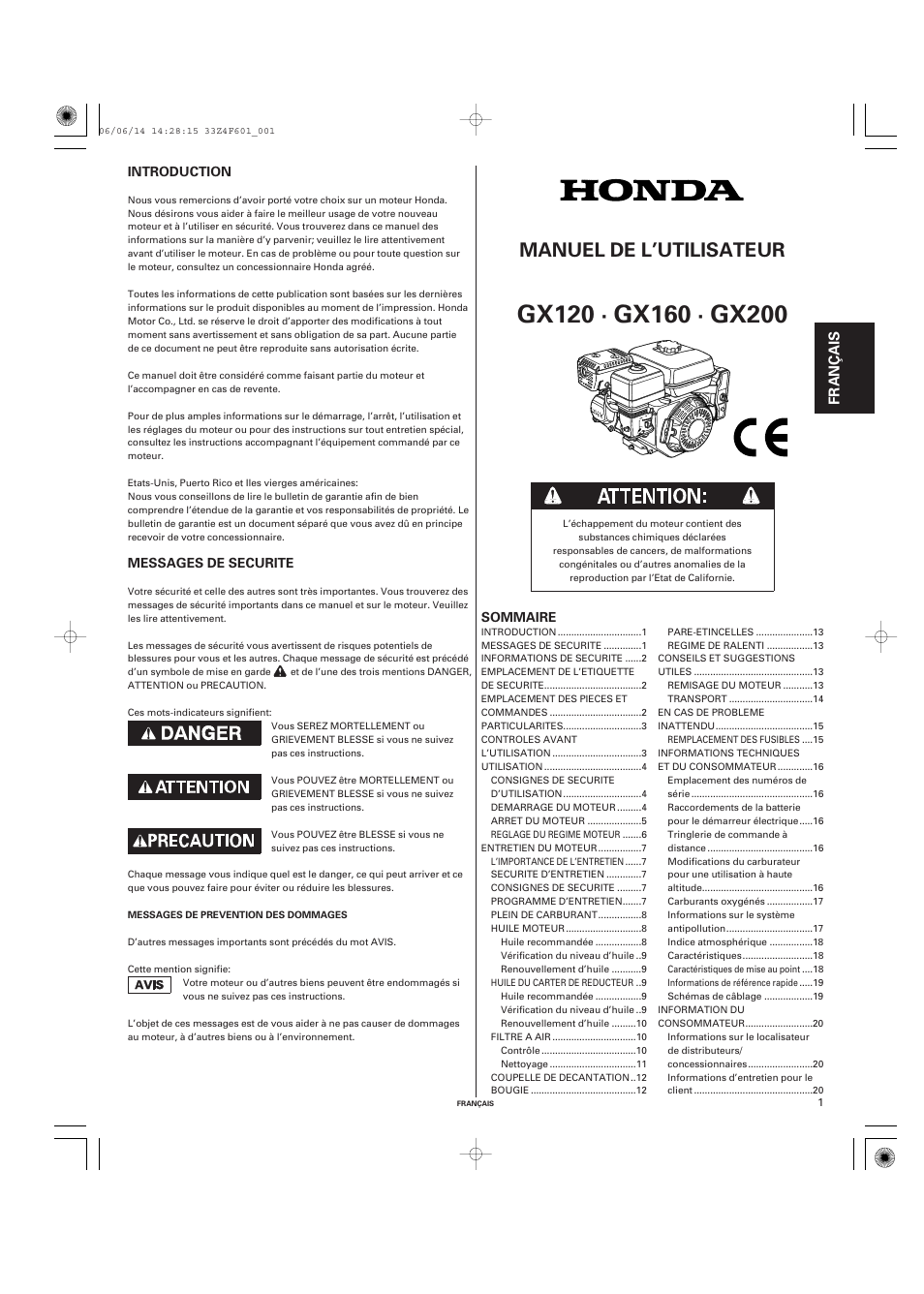 Français, Manuel de l’utilisateur, Fr anç a is | HONDA GX200 User Manual | Page 21 / 60