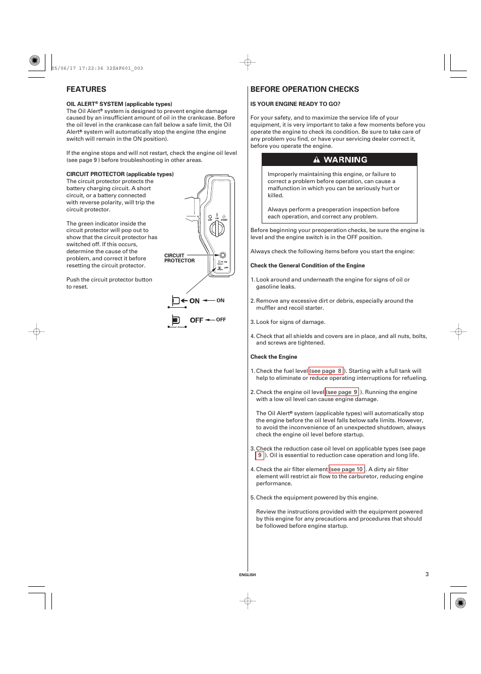 Features, Oil alert® system (applicable types), Circuit protector (applicable types) | Before operation checks, Is your engine ready to go, Before operation, Checks, Before operation checks features | HONDA GX200 User Manual | Page 3 / 60