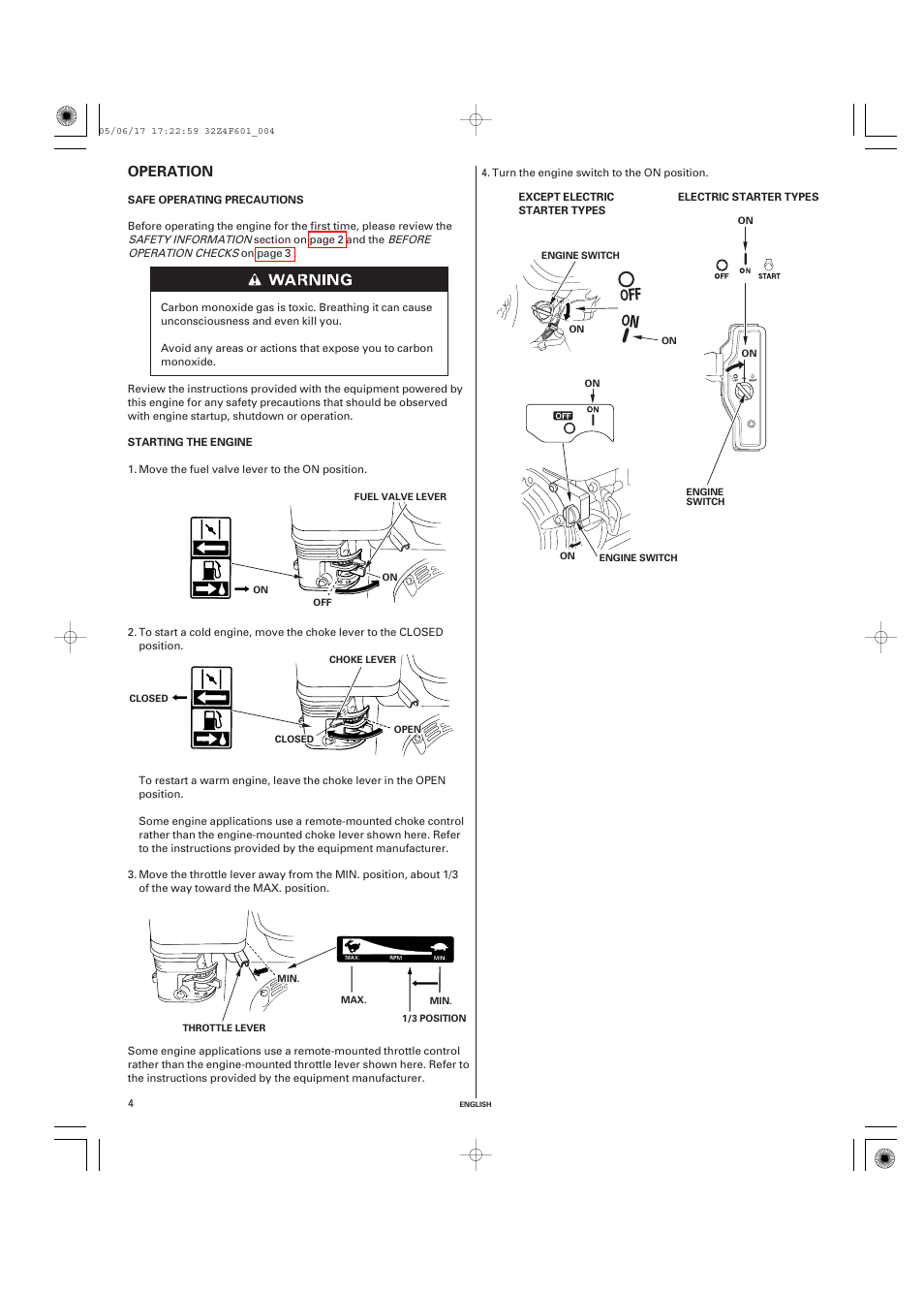 Operation, Safe operating precautions, Starting the engine | HONDA GX200 User Manual | Page 4 / 60