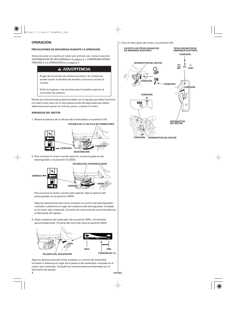 Operación | HONDA GX200 User Manual | Page 44 / 60
