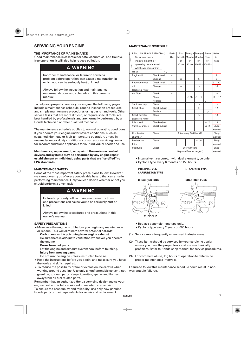 Servicing your engine, The importance of maintenance, Maintenance safety | Safety precautions, Maintenance schedule | HONDA GX200 User Manual | Page 7 / 60