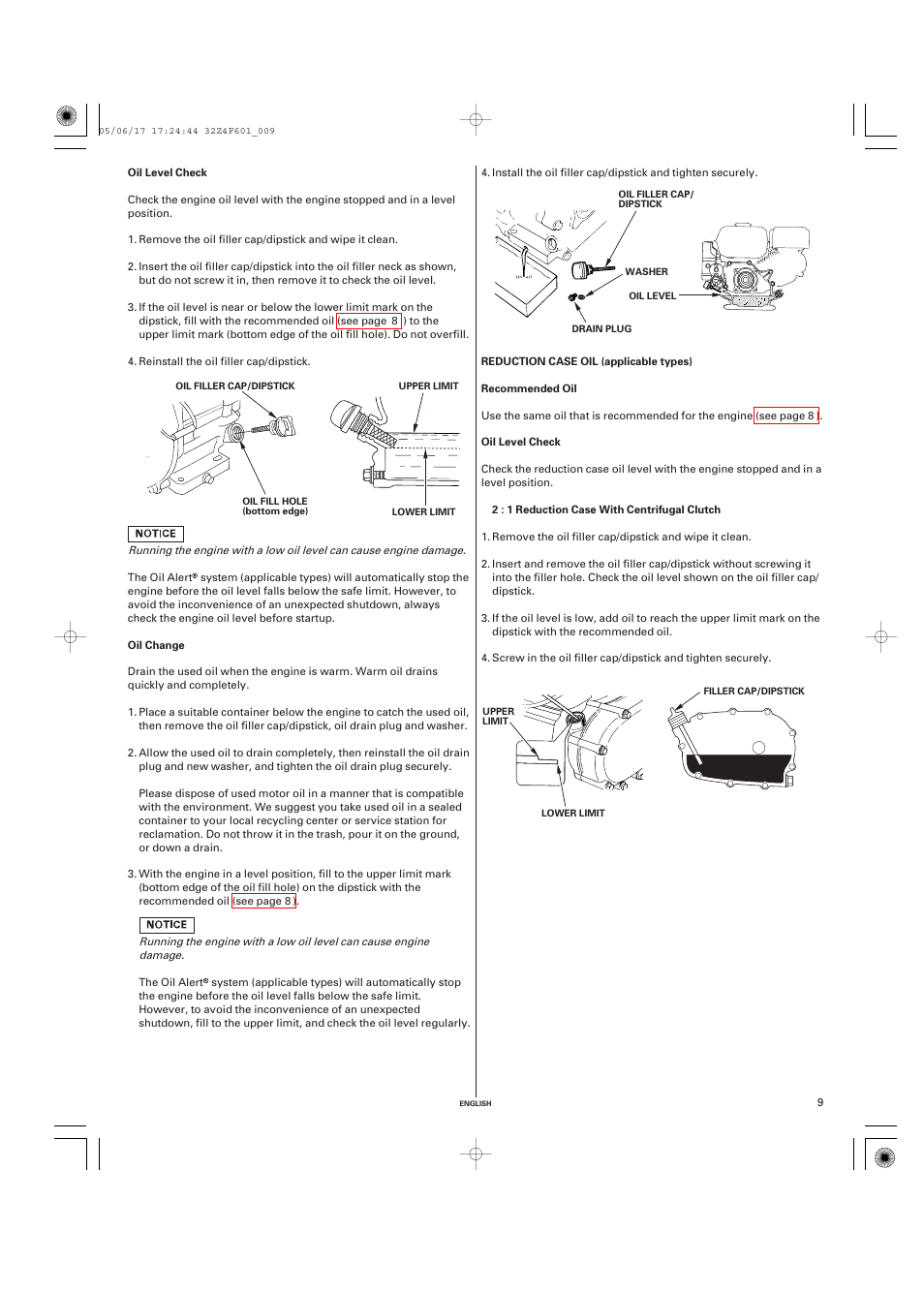 Oil level check, Oil change, Reduction case oil (applicable types) | Recommended oil | HONDA GX200 User Manual | Page 9 / 60