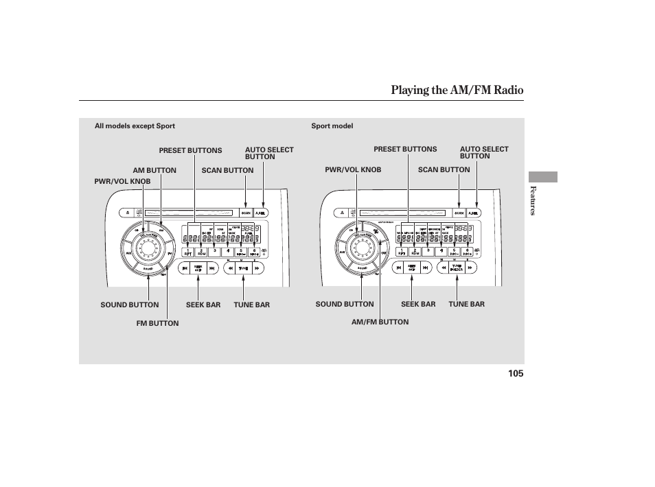 Playing the am/fm radio | HONDA Accord xl 2007 Fit User Manual | Page 109 / 262