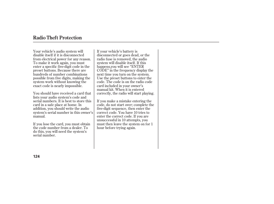 Radio theft protection | HONDA Accord xl 2007 Fit User Manual | Page 128 / 262