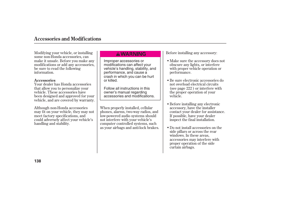 Accessories and modifications | HONDA Accord xl 2007 Fit User Manual | Page 142 / 262