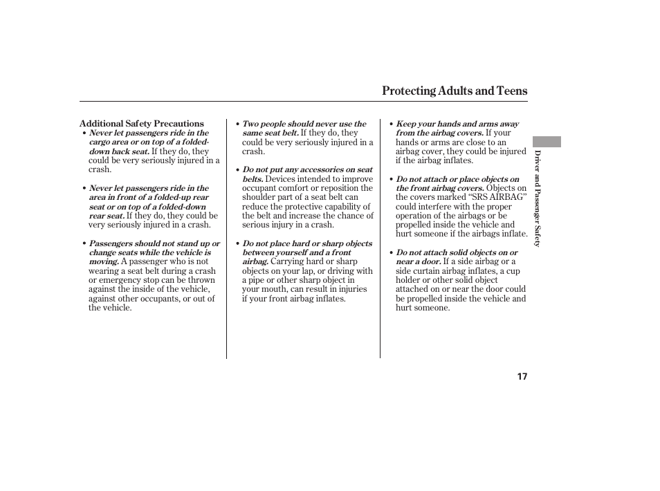 Protecting adults and teens | HONDA Accord xl 2007 Fit User Manual | Page 21 / 262