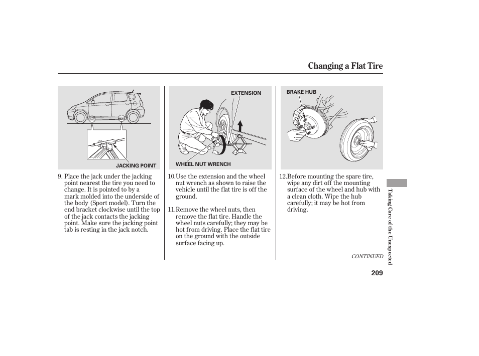 Changing a flat tire | HONDA Accord xl 2007 Fit User Manual | Page 213 / 262