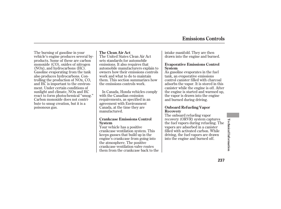 Emissions controls | HONDA Accord xl 2007 Fit User Manual | Page 241 / 262