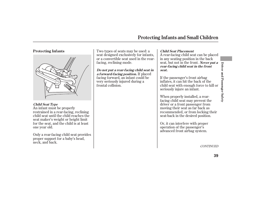Protecting infants and small children | HONDA Accord xl 2007 Fit User Manual | Page 43 / 262