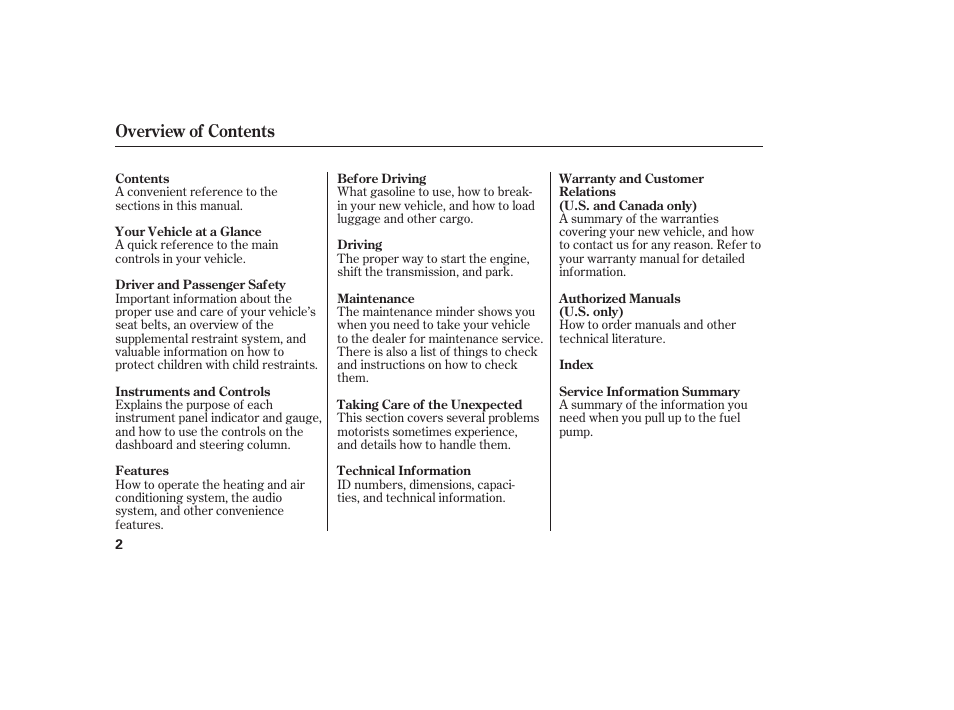 Overview of contents | HONDA Accord xl 2007 Fit User Manual | Page 6 / 262