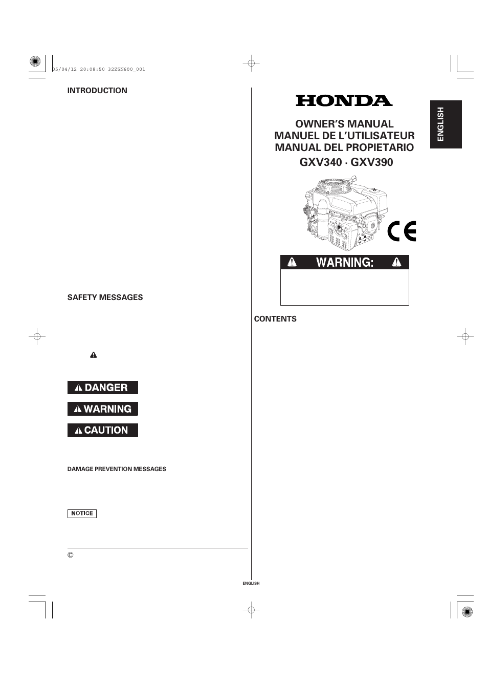 HONDA Honda Engine GXV340 User Manual | 18 pages