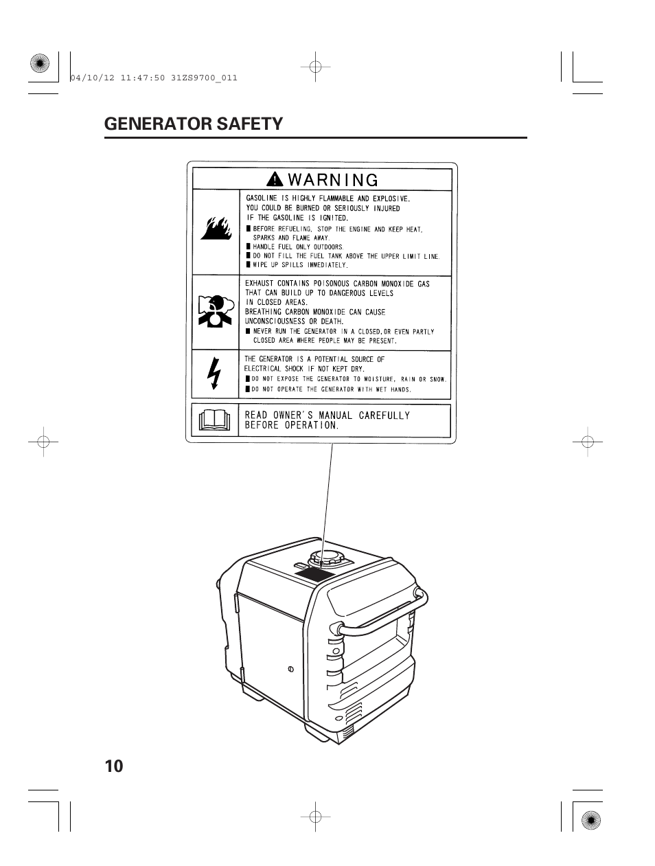 10 generator safety | HONDA DCX3000 User Manual | Page 12 / 76