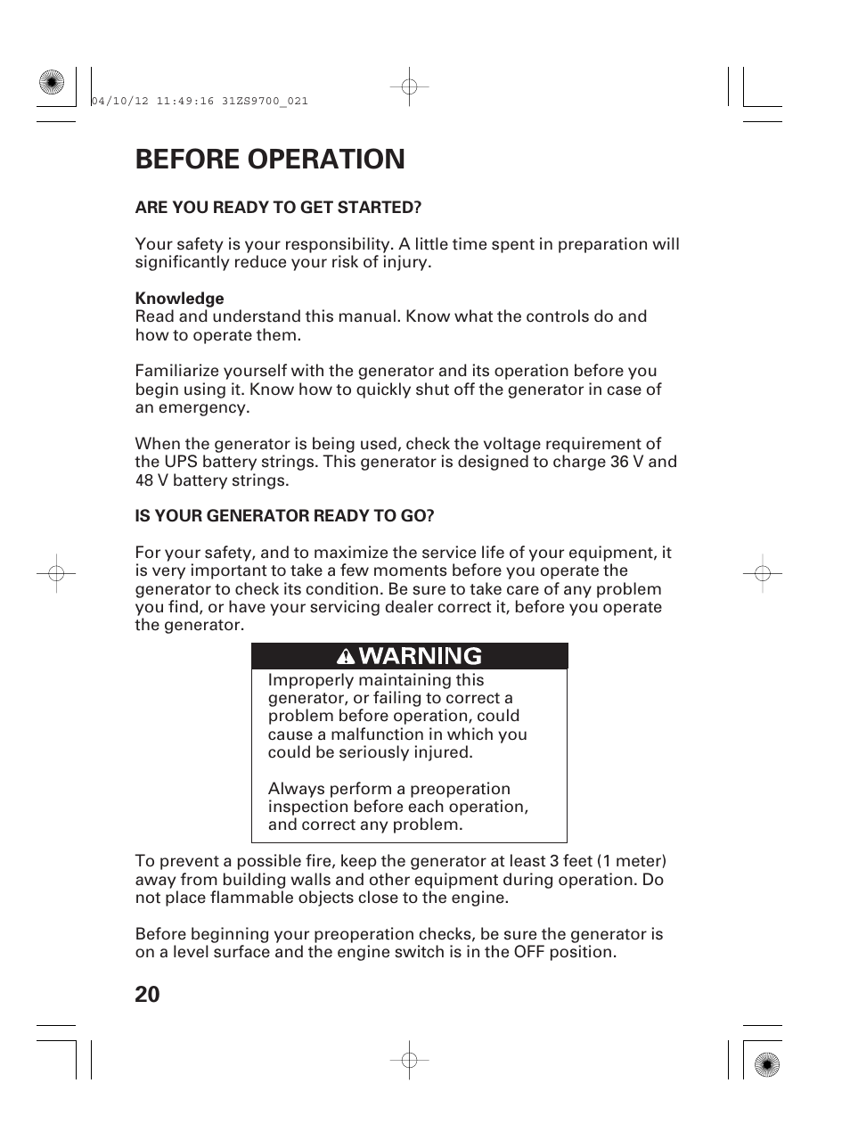 Before operation | HONDA DCX3000 User Manual | Page 22 / 76