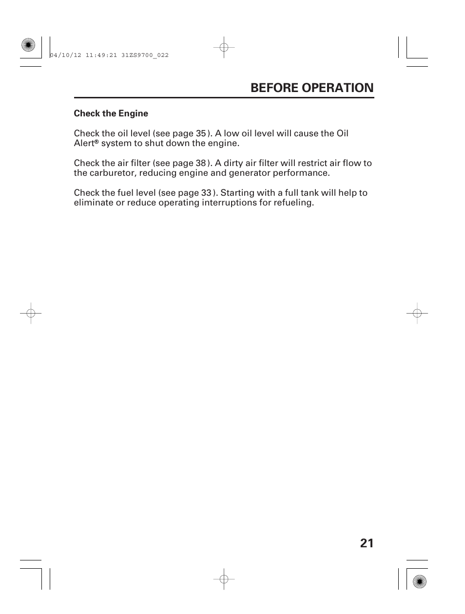 21 before operation | HONDA DCX3000 User Manual | Page 23 / 76