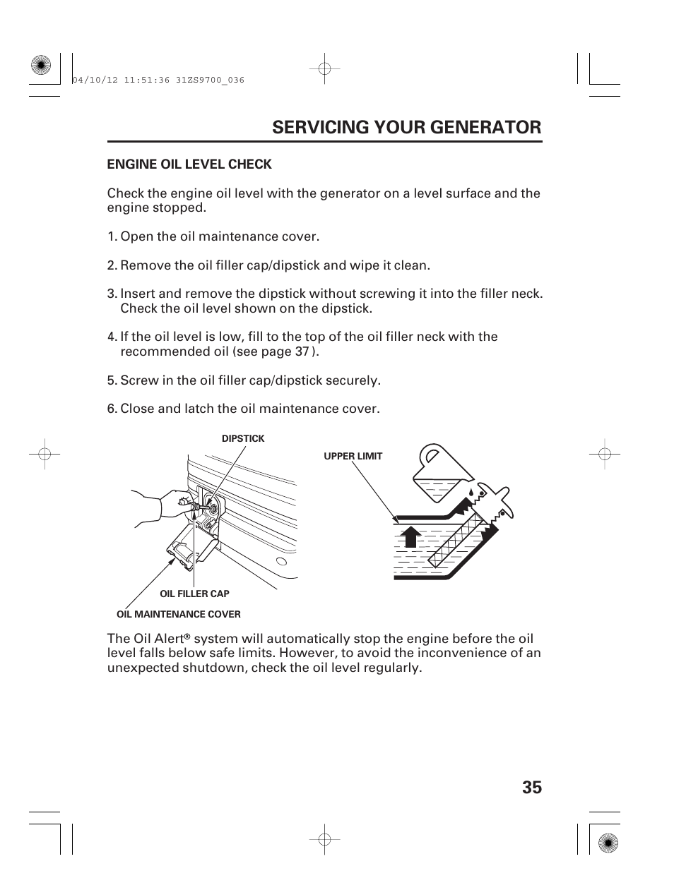 35 servicing your generator | HONDA DCX3000 User Manual | Page 37 / 76