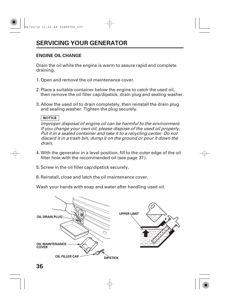 36 servicing your generator | HONDA DCX3000 User Manual | Page 38 / 76