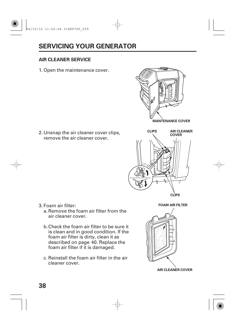 38 servicing your generator | HONDA DCX3000 User Manual | Page 40 / 76