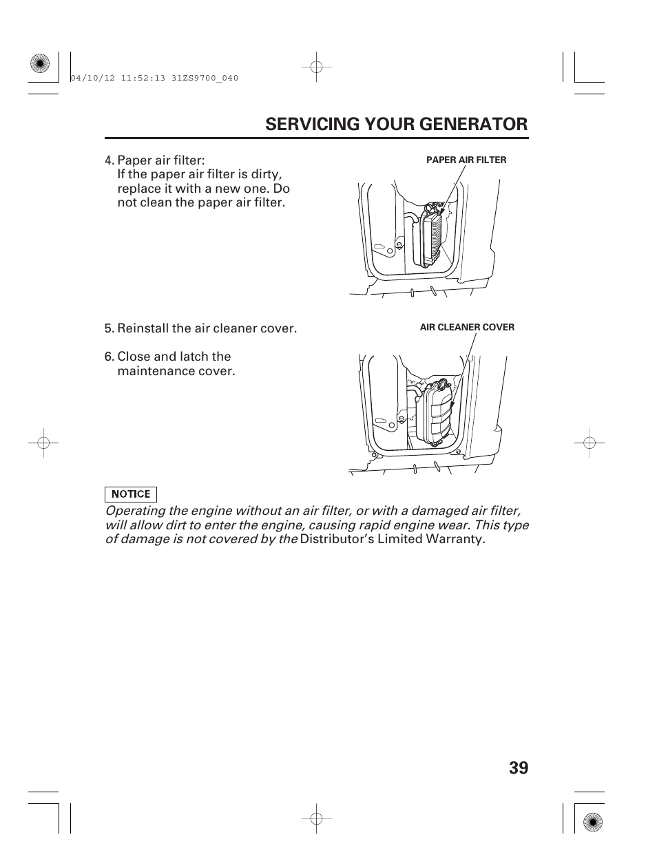 39 servicing your generator | HONDA DCX3000 User Manual | Page 41 / 76