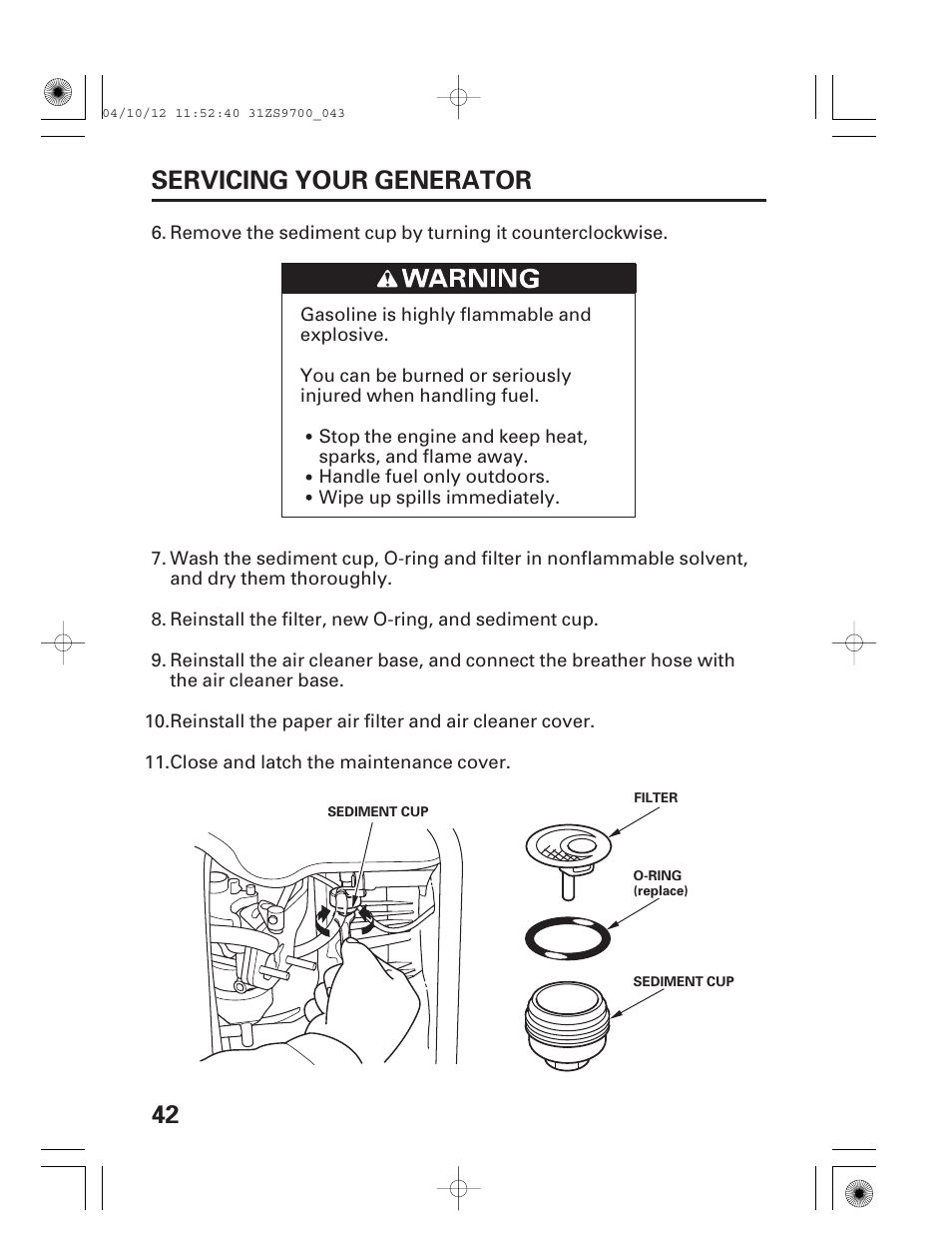 42 servicing your generator | HONDA DCX3000 User Manual | Page 44 / 76