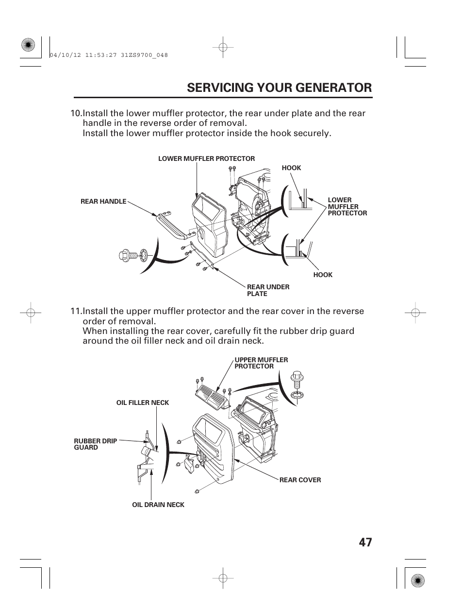 47 servicing your generator | HONDA DCX3000 User Manual | Page 49 / 76