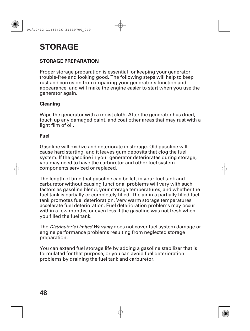 Storage | HONDA DCX3000 User Manual | Page 50 / 76