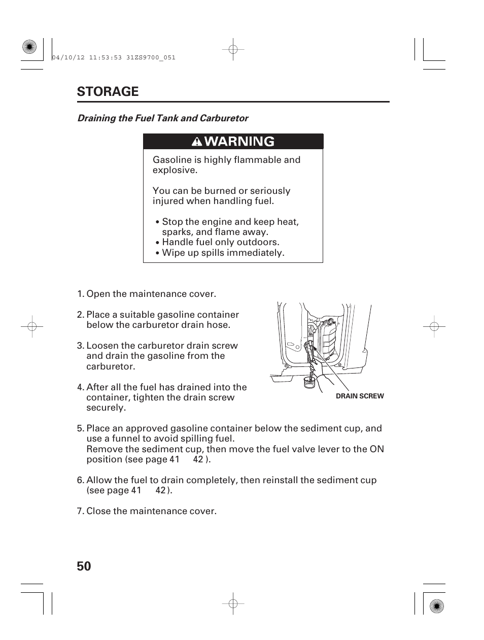 50 storage | HONDA DCX3000 User Manual | Page 52 / 76