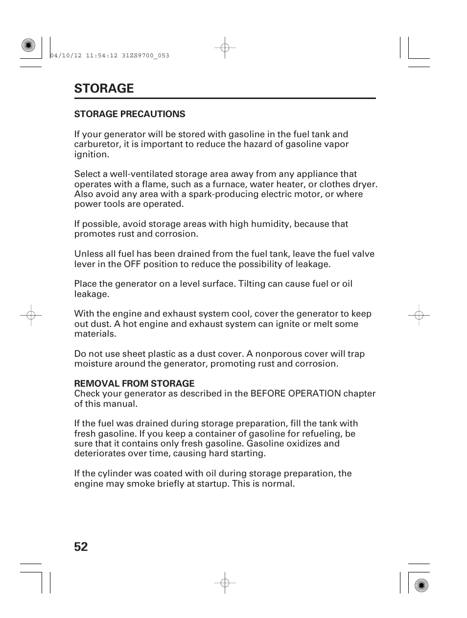 52 storage | HONDA DCX3000 User Manual | Page 54 / 76