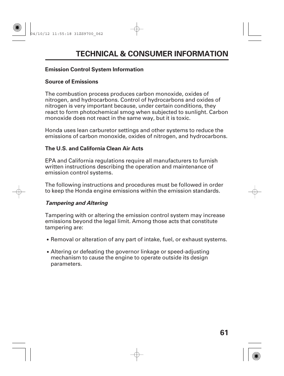 61 technical & consumer information | HONDA DCX3000 User Manual | Page 63 / 76