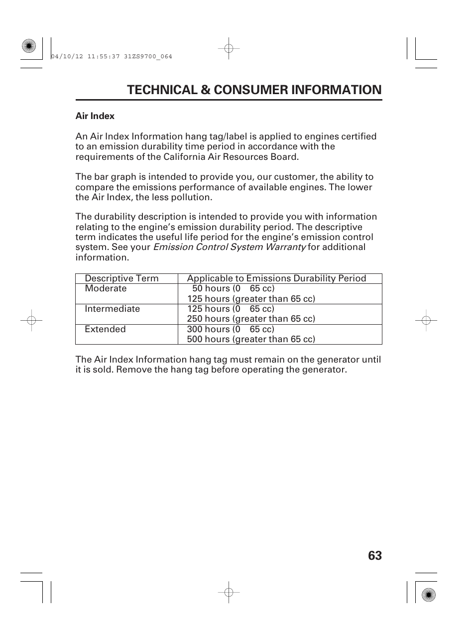 63 technical & consumer information | HONDA DCX3000 User Manual | Page 65 / 76