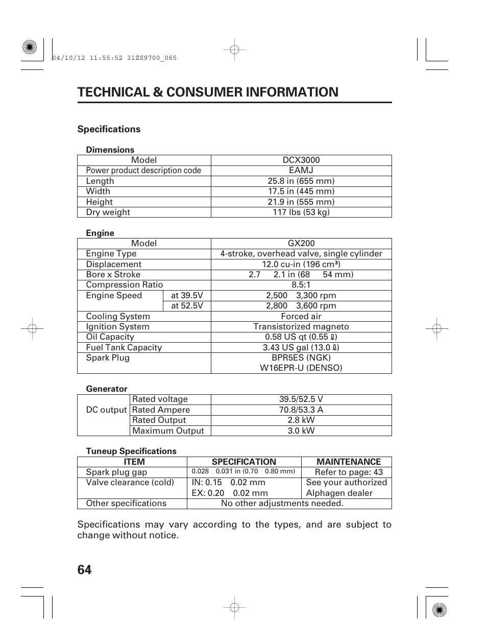 64 technical & consumer information | HONDA DCX3000 User Manual | Page 66 / 76