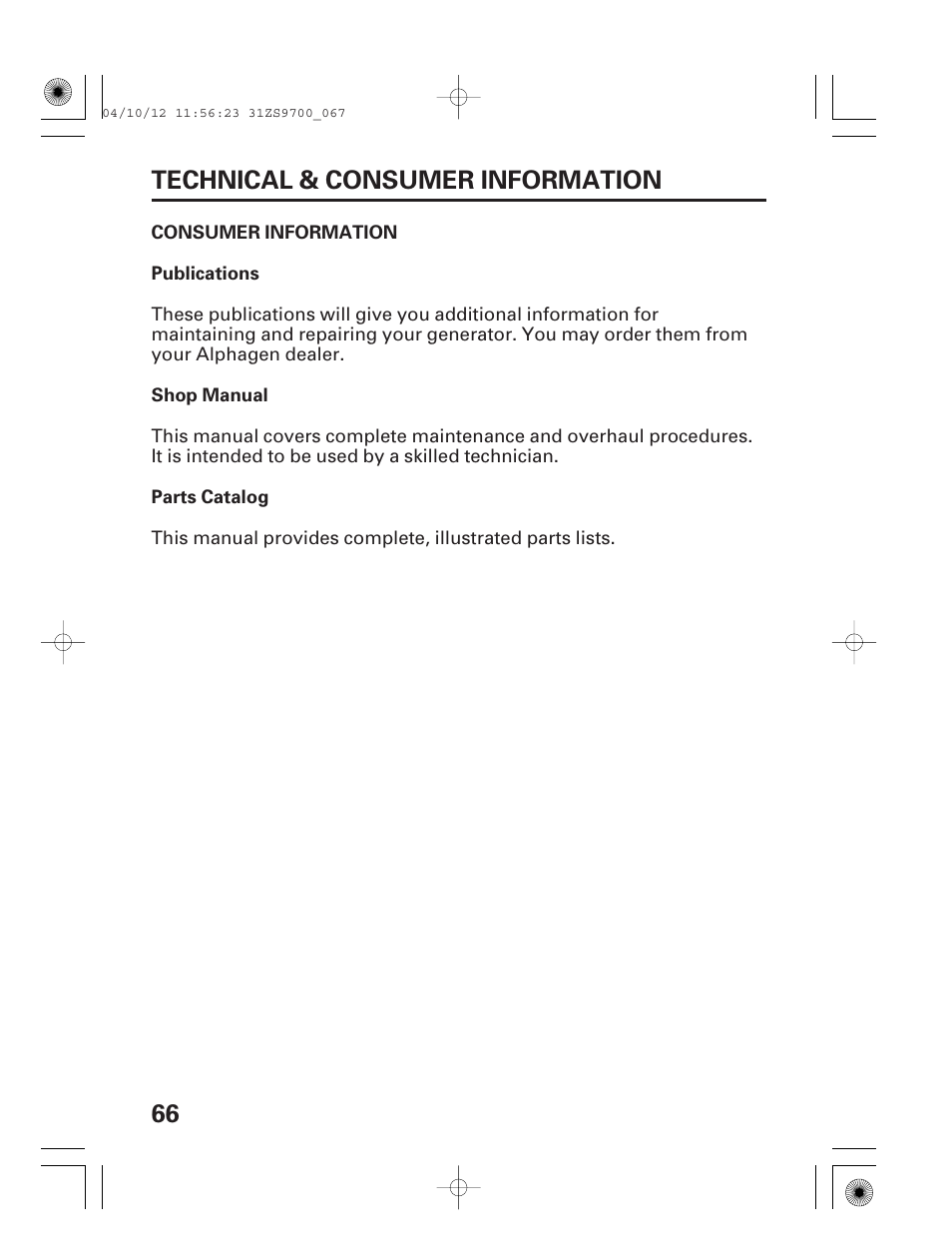 66 technical & consumer information | HONDA DCX3000 User Manual | Page 68 / 76