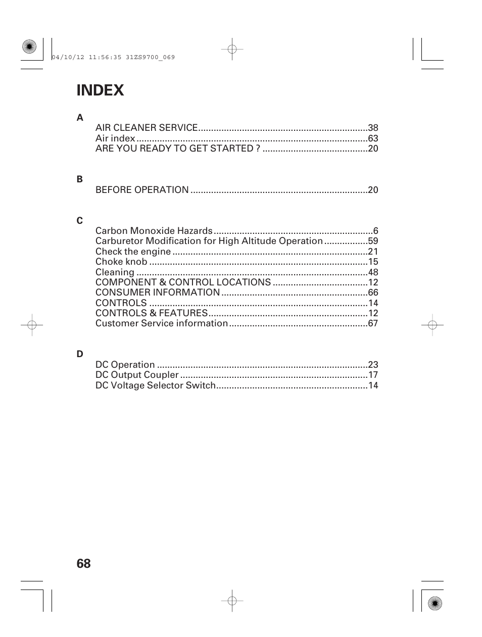 Index | HONDA DCX3000 User Manual | Page 70 / 76