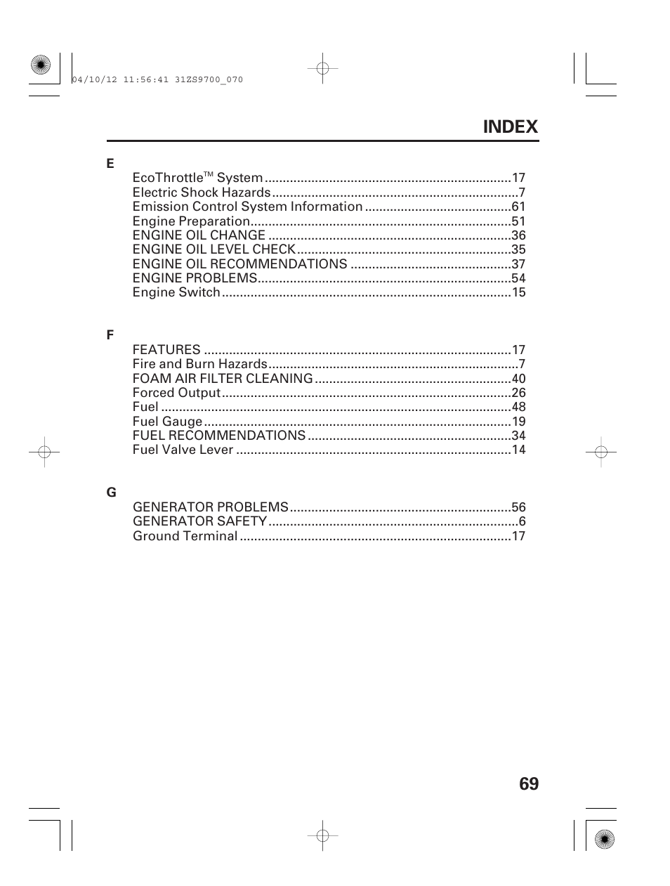 69 index | HONDA DCX3000 User Manual | Page 71 / 76