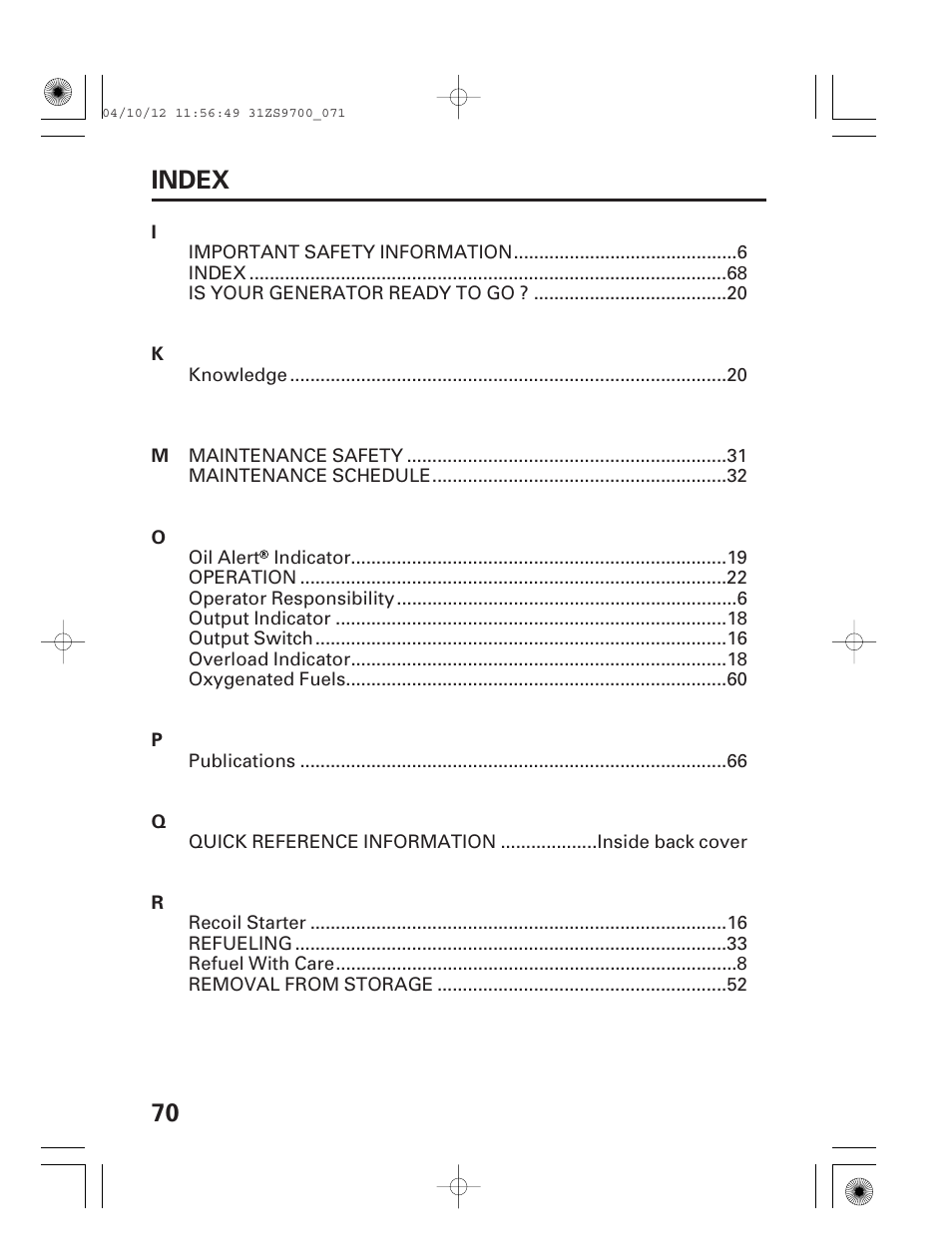 70 index | HONDA DCX3000 User Manual | Page 72 / 76