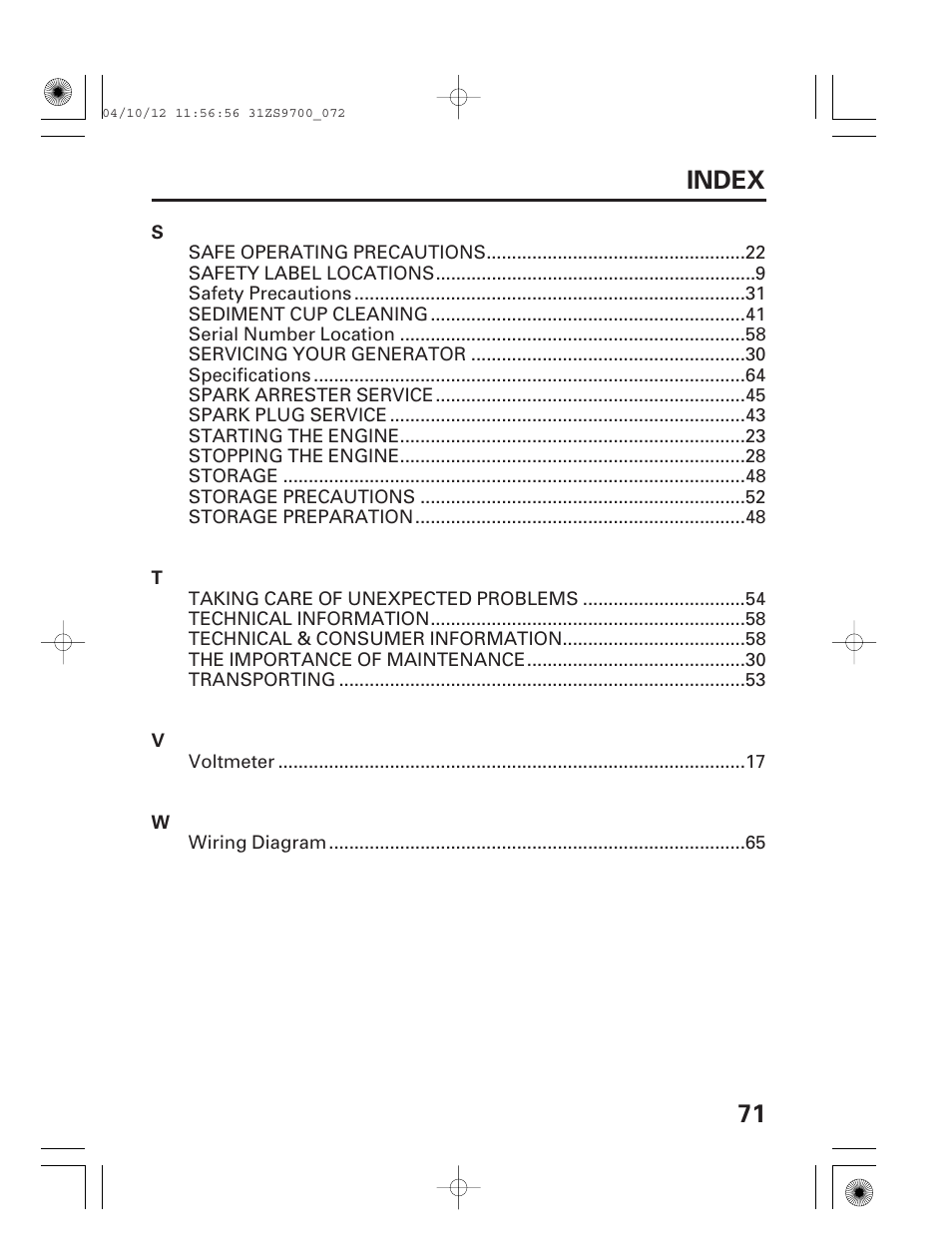 71 index | HONDA DCX3000 User Manual | Page 73 / 76