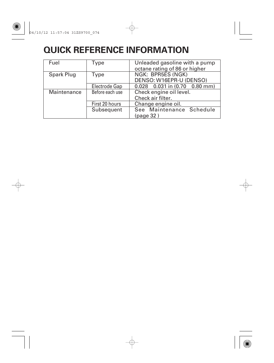 Quick reference information | HONDA DCX3000 User Manual | Page 75 / 76