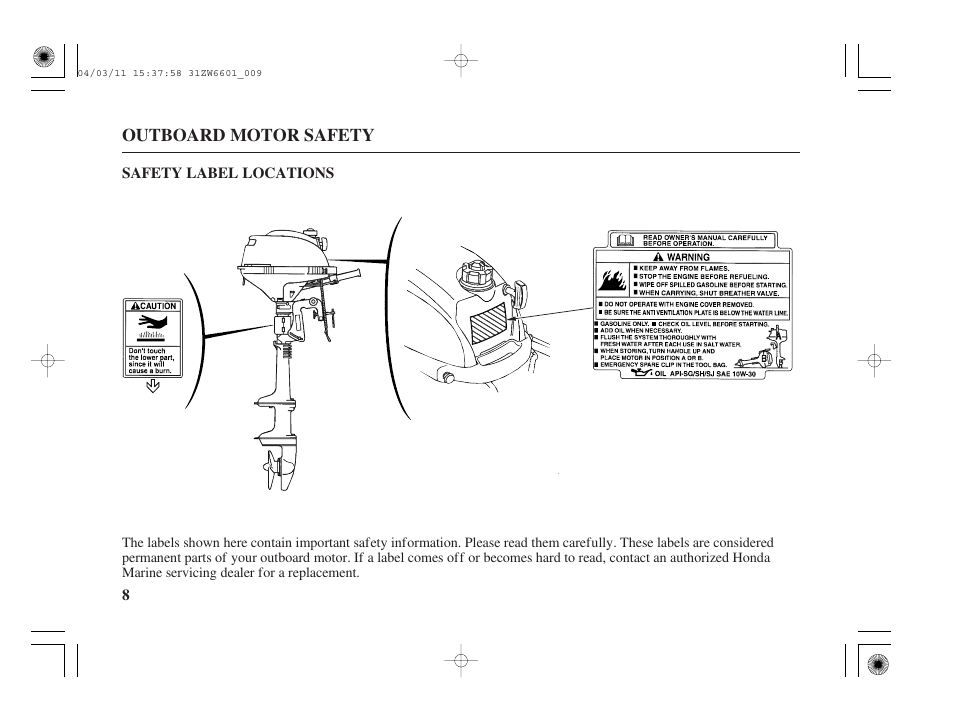 Safety label locations | HONDA Outboard Motor BF2D User Manual | Page 10 / 83